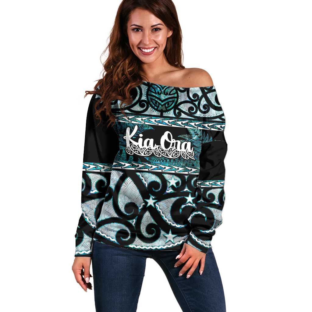 Kia Ora New Zealand Off Shoulder Sweater Aotearoa Proud Maori Paua Shell Silver Fern - Polynesian Pride