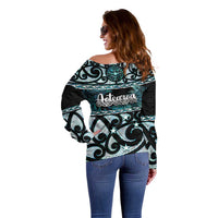 Kia Ora New Zealand Off Shoulder Sweater Aotearoa Proud Maori Paua Shell Silver Fern - Polynesian Pride