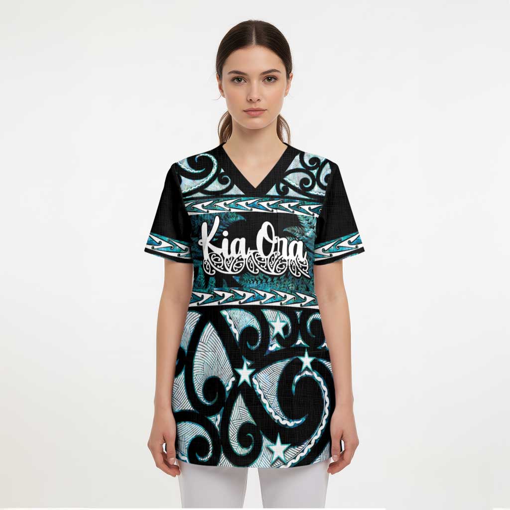 Kia Ora New Zealand Scrub Top Aotearoa Proud Maori Paua Shell Silver Fern - Polynesian Pride