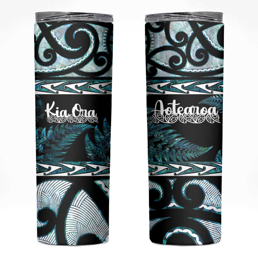 Kia Ora New Zealand Skinny Tumbler Aotearoa Proud Maori Paua Shell Silver Fern - Polynesian Pride