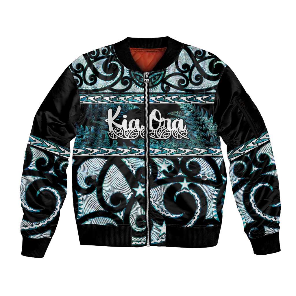 Kia Ora New Zealand Sleeve Zip Bomber Jacket Aotearoa Proud Maori Paua Shell Silver Fern - Polynesian Pride