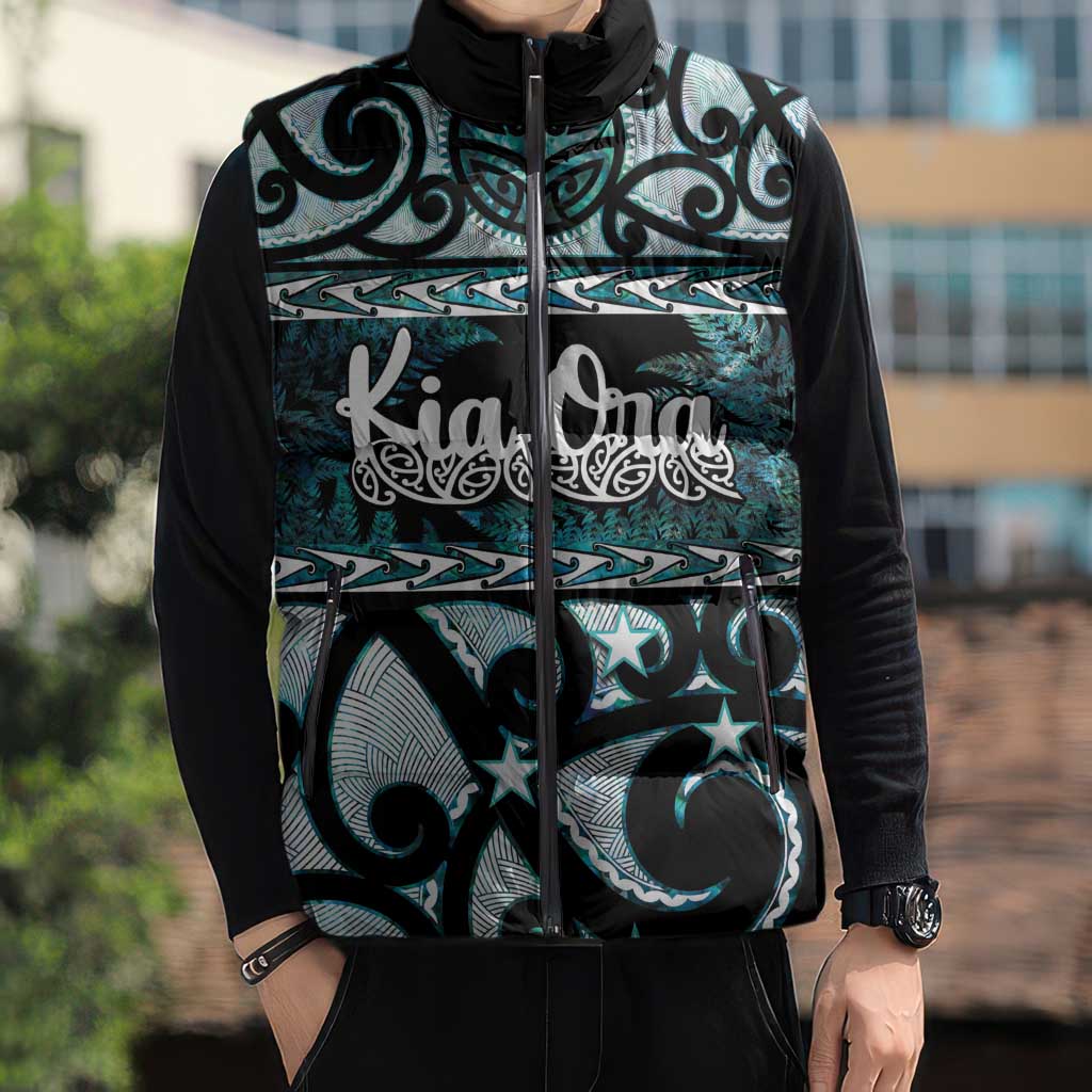 Kia Ora New Zealand Sleeveless Puffer Jacket Aotearoa Proud Maori Paua Shell Silver Fern - Polynesian Pride