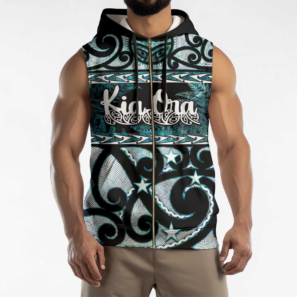 Kia Ora New Zealand Sleeveless Zip Hoodie Aotearoa Proud Maori Paua Shell Silver Fern - Polynesian Pride