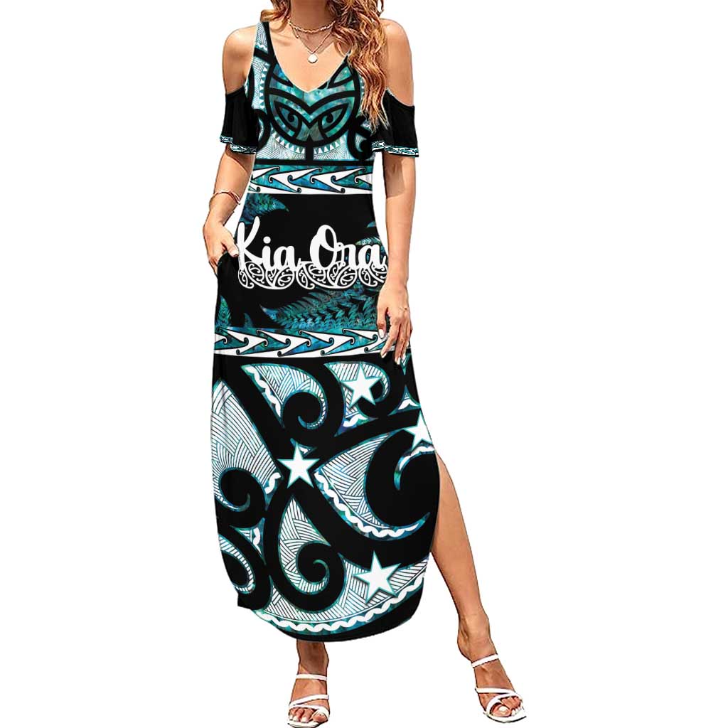 Kia Ora New Zealand Summer Maxi Dress Aotearoa Proud Maori Paua Shell Silver Fern - Polynesian Pride