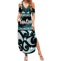 Kia Ora New Zealand Summer Maxi Dress Aotearoa Proud Maori Paua Shell Silver Fern - Polynesian Pride