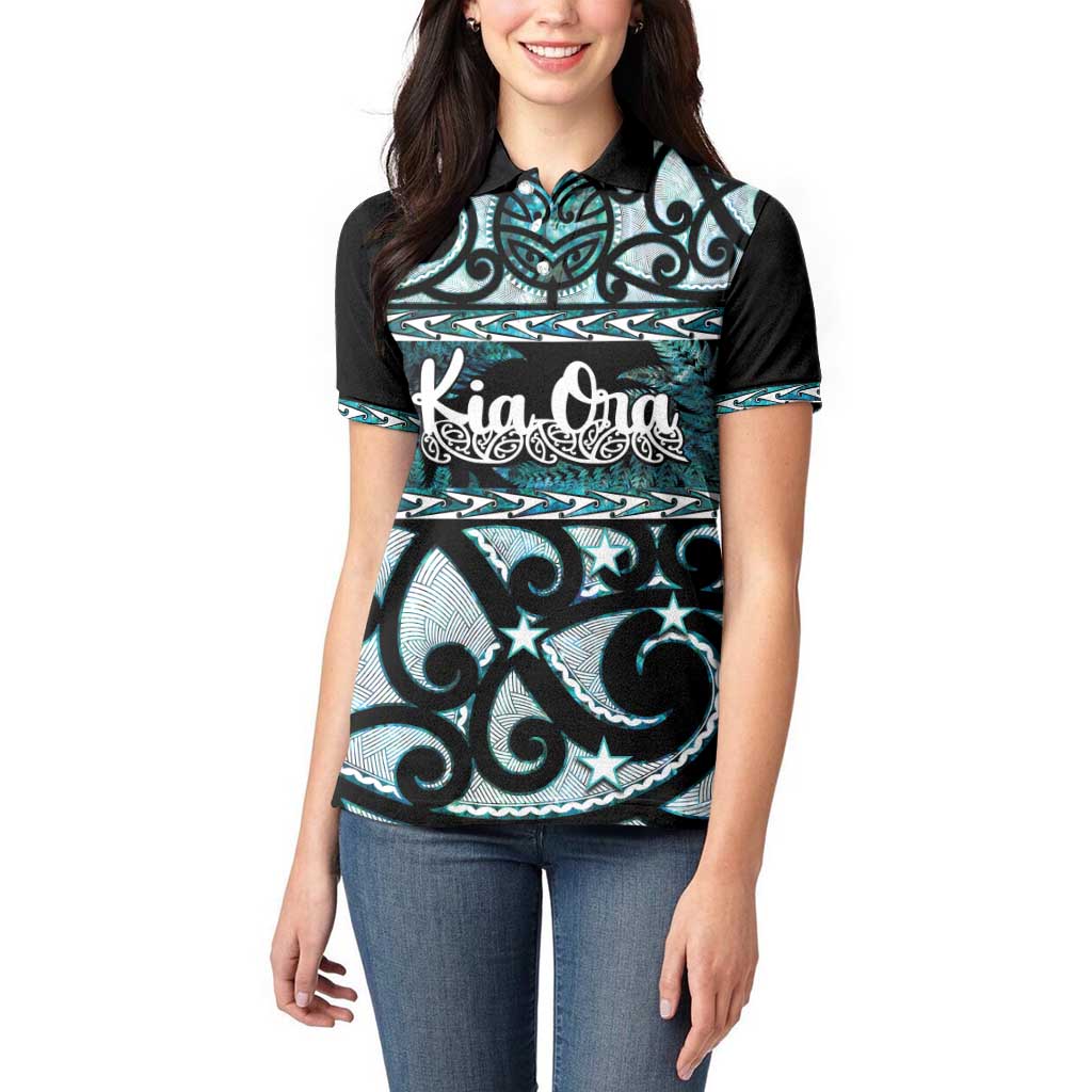 Kia Ora New Zealand Women Polo Shirt Aotearoa Proud Maori Paua Shell Silver Fern - Polynesian Pride