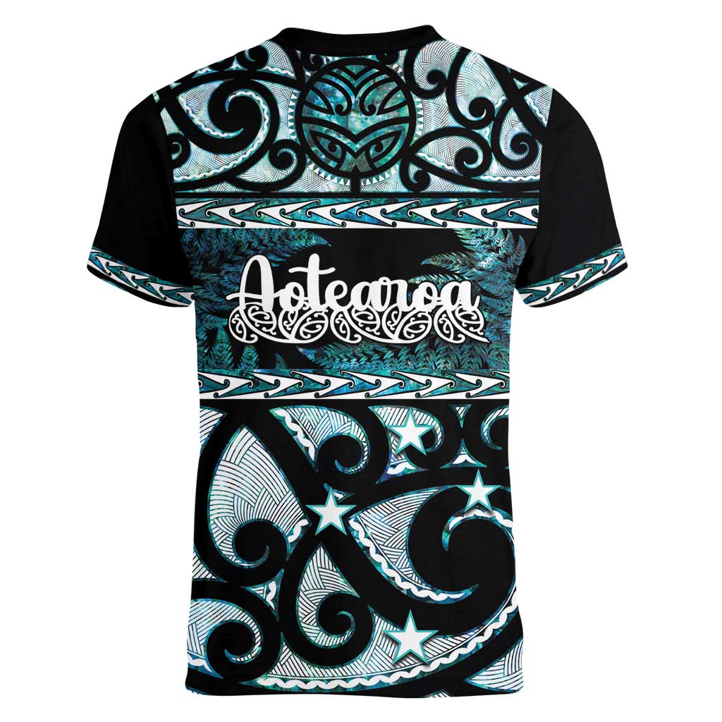 Kia Ora New Zealand Women V-Neck T-Shirt Aotearoa Proud Maori Paua Shell Silver Fern - Polynesian Pride