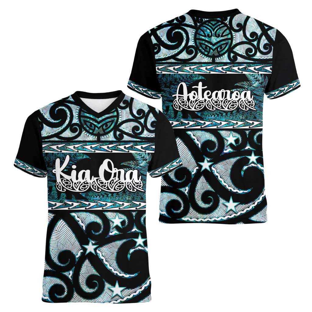 Kia Ora New Zealand Women V-Neck T-Shirt Aotearoa Proud Maori Paua Shell Silver Fern - Polynesian Pride