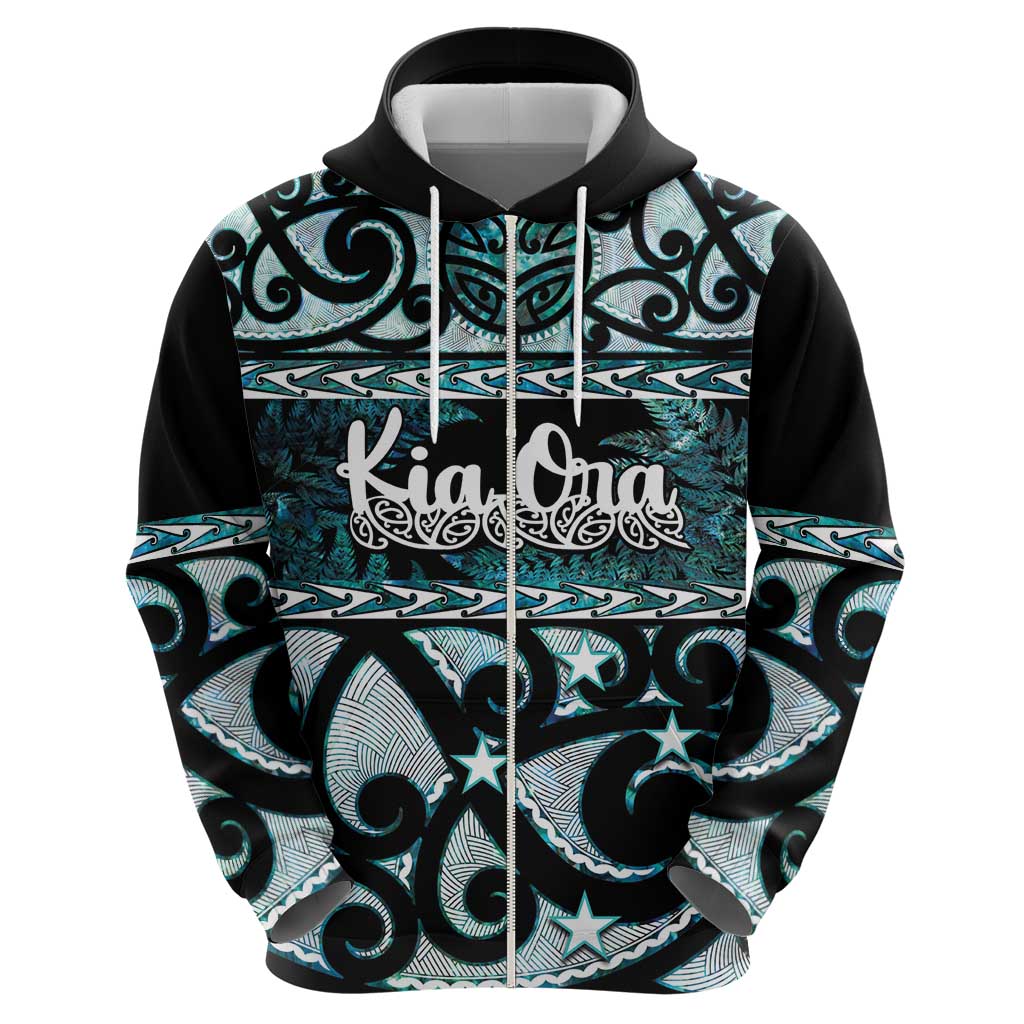 Kia Ora New Zealand Zip Hoodie Aotearoa Proud Maori Paua Shell Silver Fern - Polynesian Pride