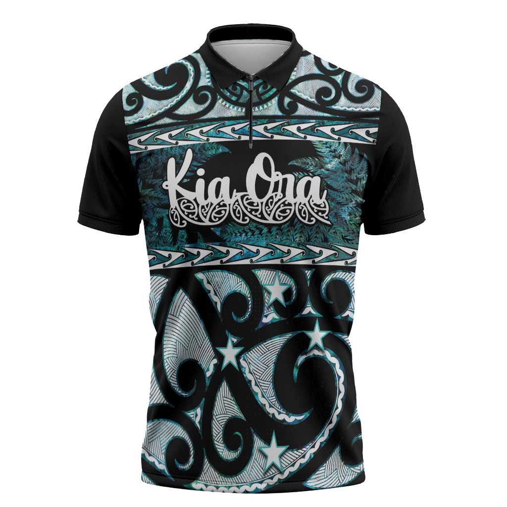 Kia Ora New Zealand Zipper Polo Shirt Aotearoa Proud Maori Paua Shell Silver Fern - Polynesian Pride