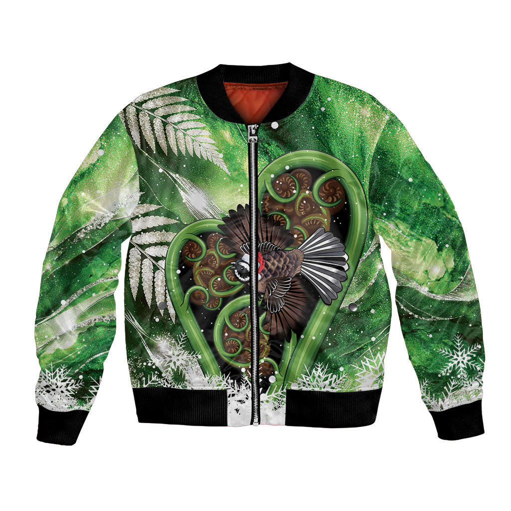 Piwakawaka New Zealand Christmas In July Bomber Jacket NZ Aroha Koru Fern Marble Vibes