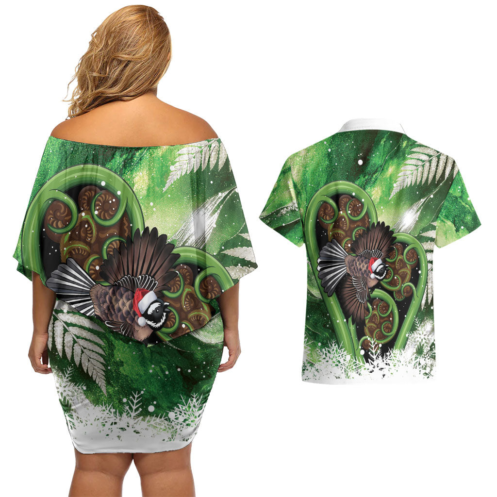 Piwakawaka New Zealand Christmas In July Couples Matching Off Shoulder Short Dress and Hawaiian Shirt NZ Aroha Koru Fern Marble Vibes LT14 - Polynesian Pride