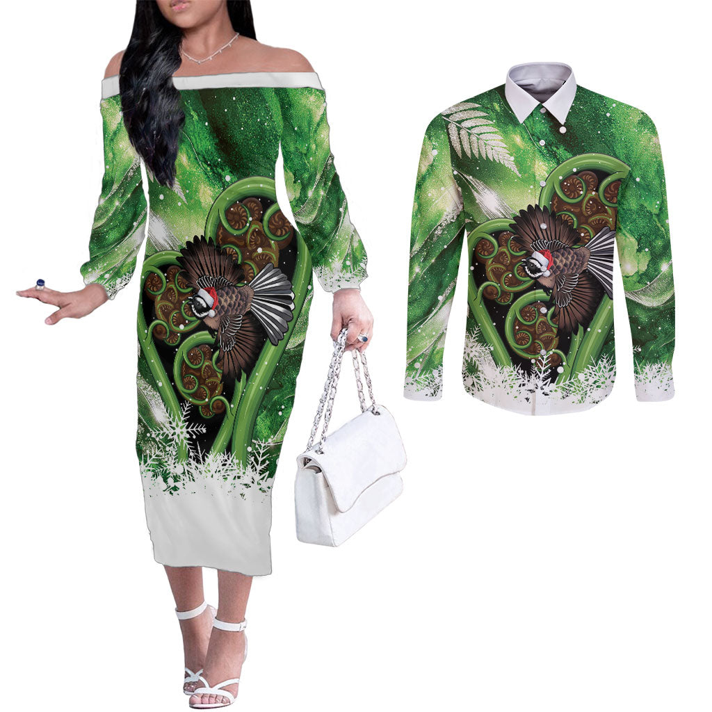 Piwakawaka New Zealand Christmas In July Couples Matching Off The Shoulder Long Sleeve Dress and Long Sleeve Button Shirt NZ Aroha Koru Fern Marble Vibes LT14 Green - Polynesian Pride
