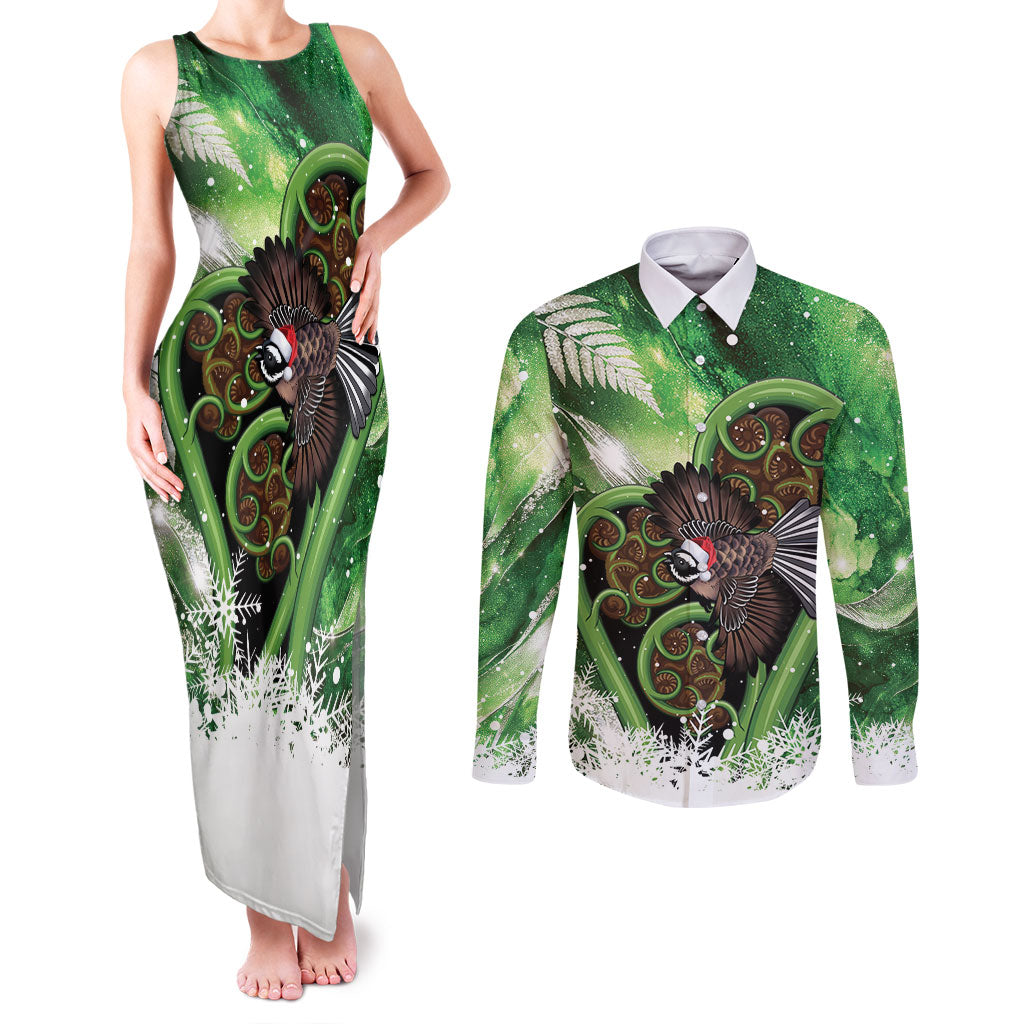 Piwakawaka New Zealand Christmas In July Couples Matching Tank Maxi Dress and Long Sleeve Button Shirt NZ Aroha Koru Fern Marble Vibes LT14 Green - Polynesian Pride