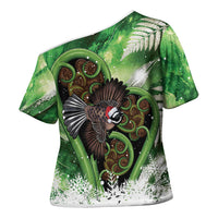 Piwakawaka New Zealand Christmas In July Cross Shoulder Shirt NZ Aroha Koru Fern Marble Vibes LT14 - Polynesian Pride