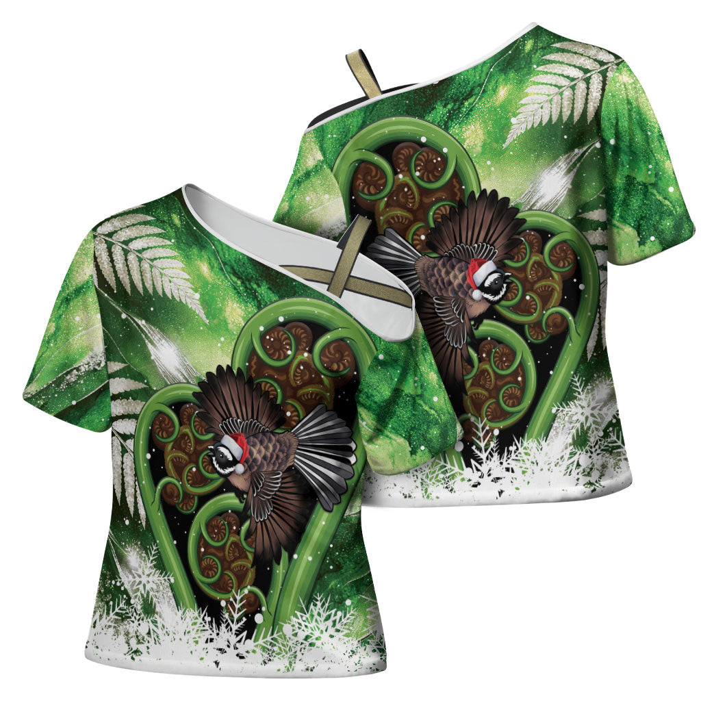 Piwakawaka New Zealand Christmas In July Cross Shoulder Shirt NZ Aroha Koru Fern Marble Vibes LT14 - Polynesian Pride