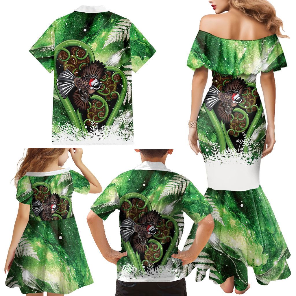 Piwakawaka New Zealand Christmas In July Family Matching Mermaid Dress and Hawaiian Shirt NZ Aroha Koru Fern Marble Vibes LT14 - Polynesian Pride