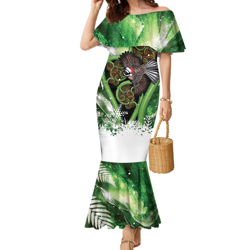 Piwakawaka New Zealand Christmas In July Family Matching Mermaid Dress and Hawaiian Shirt NZ Aroha Koru Fern Marble Vibes LT14 Mom's Dress Green - Polynesian Pride