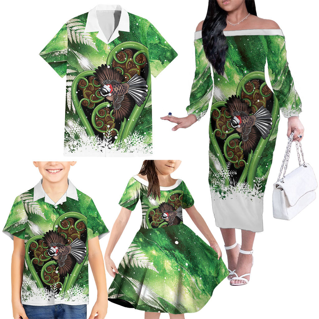Piwakawaka New Zealand Christmas In July Family Matching Off The Shoulder Long Sleeve Dress and Hawaiian Shirt NZ Aroha Koru Fern Marble Vibes LT14 - Polynesian Pride