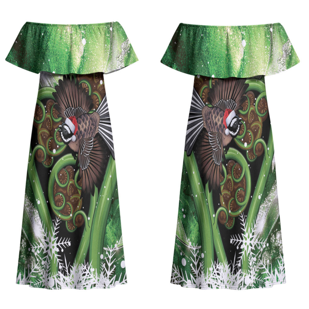 Piwakawaka New Zealand Christmas In July Family Matching Off Shoulder Maxi Dress and Hawaiian Shirt NZ Aroha Koru Fern Marble Vibes LT14 Mom's Dress Green - Polynesian Pride