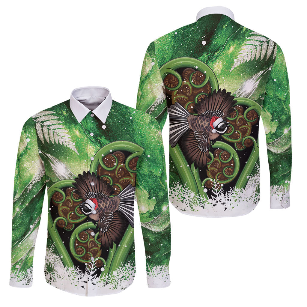 Piwakawaka New Zealand Christmas In July Family Matching Off Shoulder Maxi Dress and Hawaiian Shirt NZ Aroha Koru Fern Marble Vibes LT14 Dad's Shirt - Long Sleeve Green - Polynesian Pride