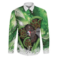 Piwakawaka New Zealand Christmas In July Family Matching Puletasi and Hawaiian Shirt NZ Aroha Koru Fern Marble Vibes LT14 Dad's Shirt - Long Sleeve Green - Polynesian Pride