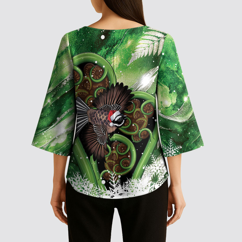 Piwakawaka New Zealand Christmas In July Kimono Sleeve Blouse NZ Aroha Koru Fern Marble Vibes LT14 - Polynesian Pride