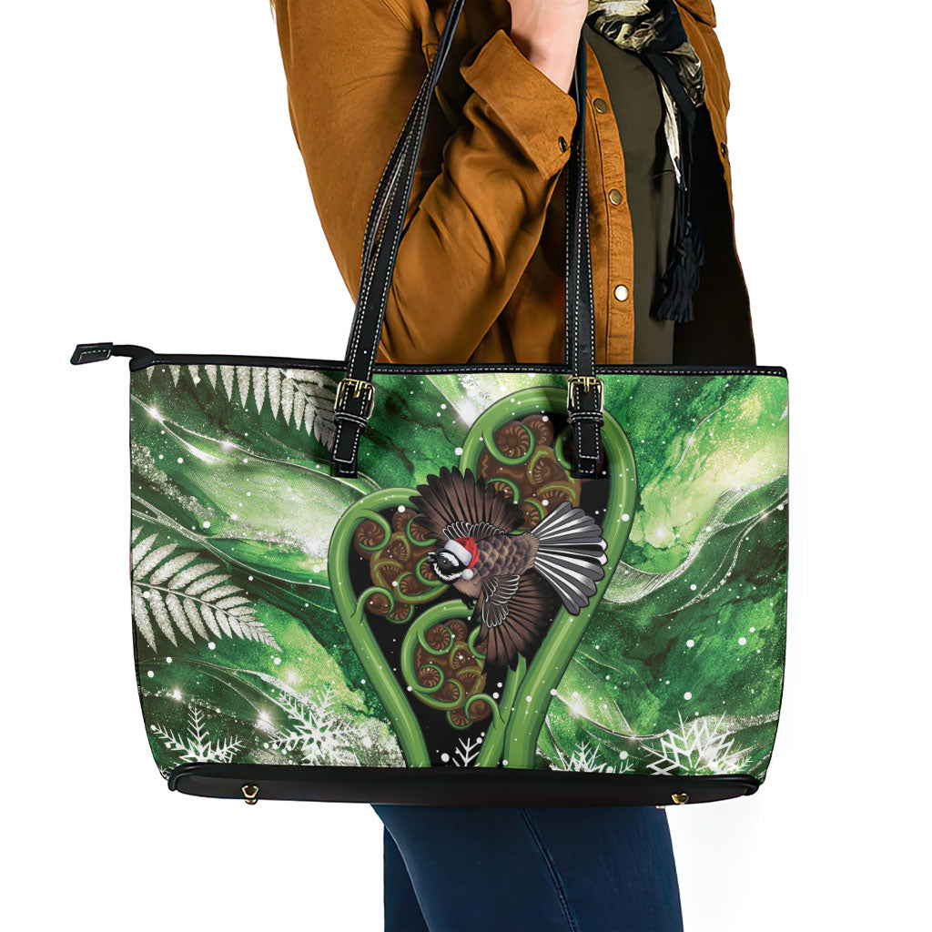 Piwakawaka New Zealand Christmas In July Leather Tote Bag NZ Aroha Koru Fern Marble Vibes LT14 - Polynesian Pride