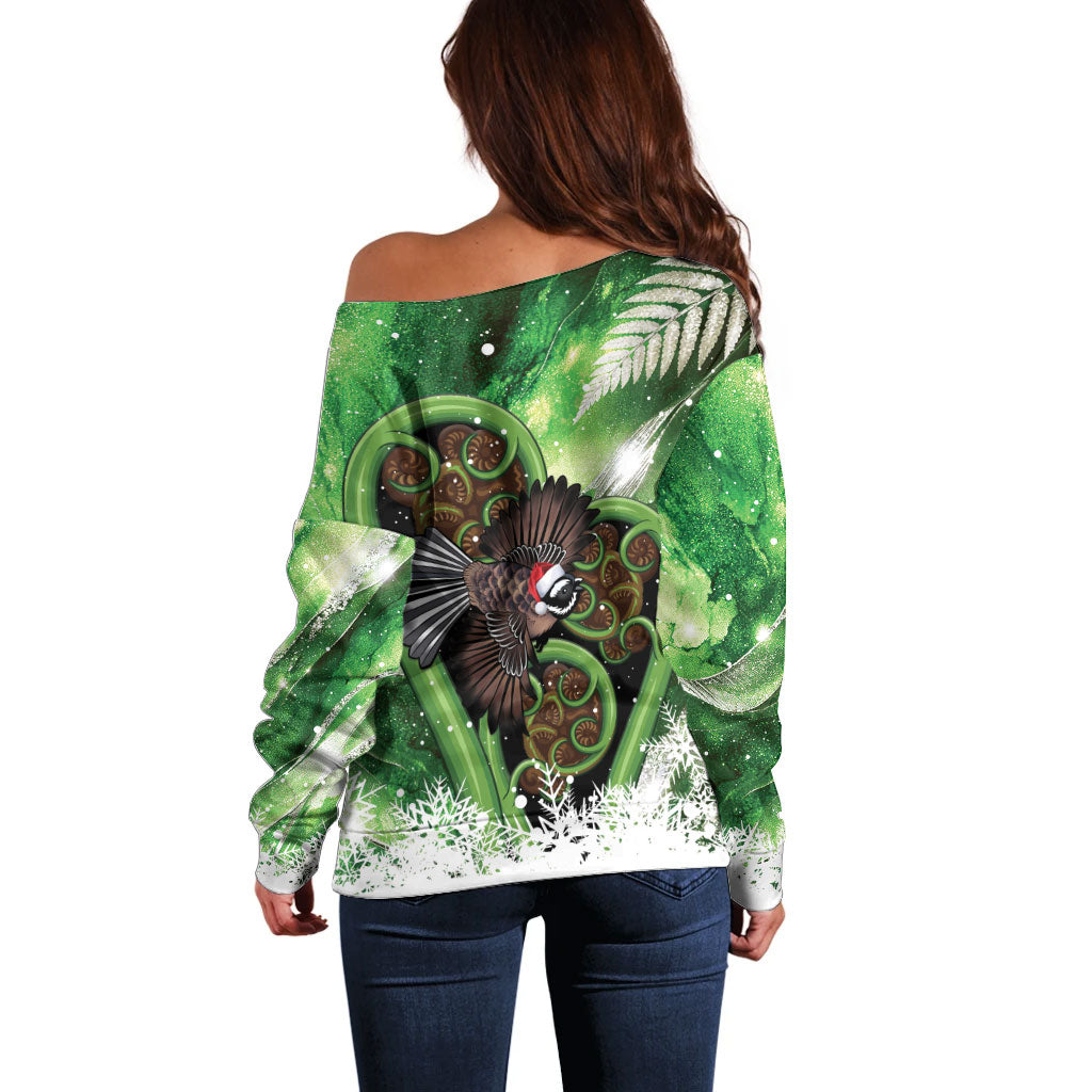 Piwakawaka New Zealand Christmas In July Off Shoulder Sweater NZ Aroha Koru Fern Marble Vibes LT14 - Polynesian Pride