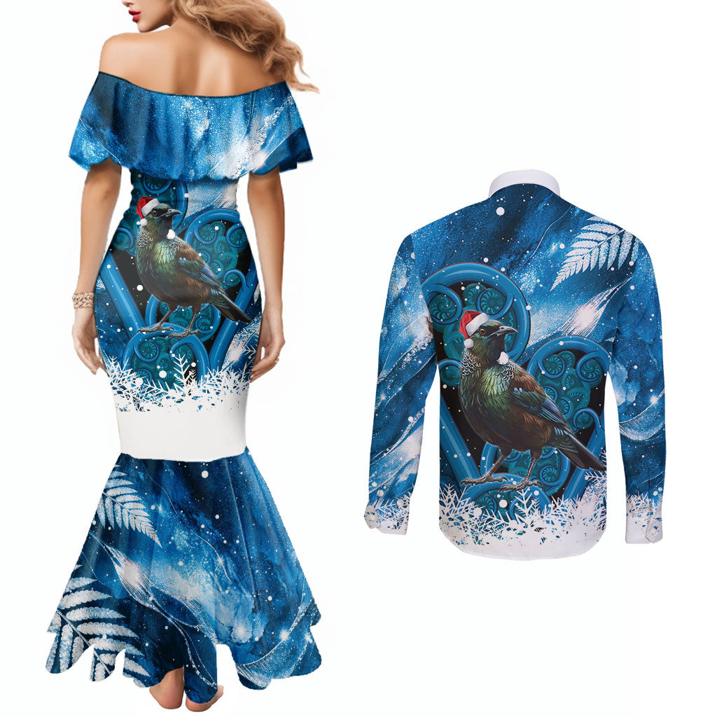 Tui Bird New Zealand Christmas In July Couples Matching Mermaid Dress and Long Sleeve Button Shirt NZ Aroha Koru Fern Marble Vibes LT14 - Polynesian Pride
