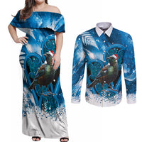 Tui Bird New Zealand Christmas In July Couples Matching Off Shoulder Maxi Dress and Long Sleeve Button Shirt NZ Aroha Koru Fern Marble Vibes LT14 Blue - Polynesian Pride