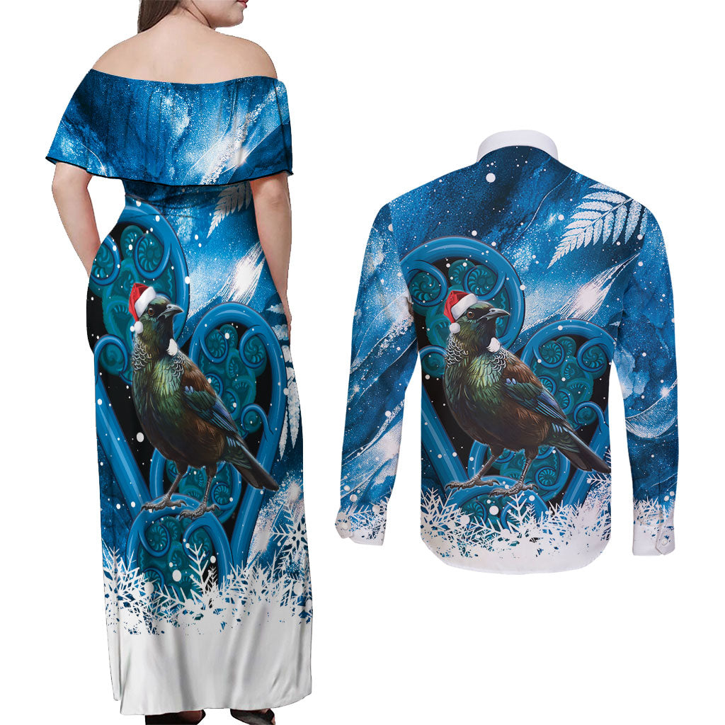 Tui Bird New Zealand Christmas In July Couples Matching Off Shoulder Maxi Dress and Long Sleeve Button Shirt NZ Aroha Koru Fern Marble Vibes LT14 - Polynesian Pride