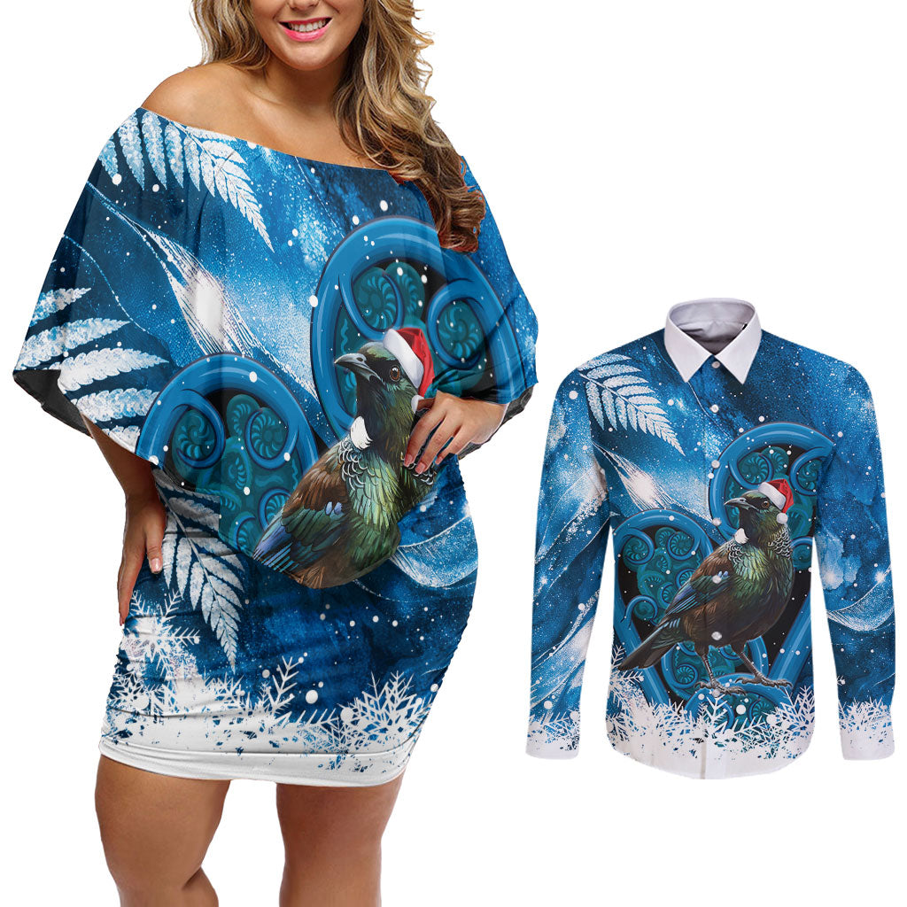 Tui Bird New Zealand Christmas In July Couples Matching Off Shoulder Short Dress and Long Sleeve Button Shirt NZ Aroha Koru Fern Marble Vibes LT14 Blue - Polynesian Pride