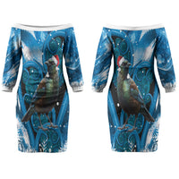 Tui Bird New Zealand Christmas In July Couples Matching Off The Shoulder Long Sleeve Dress and Hawaiian Shirt NZ Aroha Koru Fern Marble Vibes LT14 - Polynesian Pride