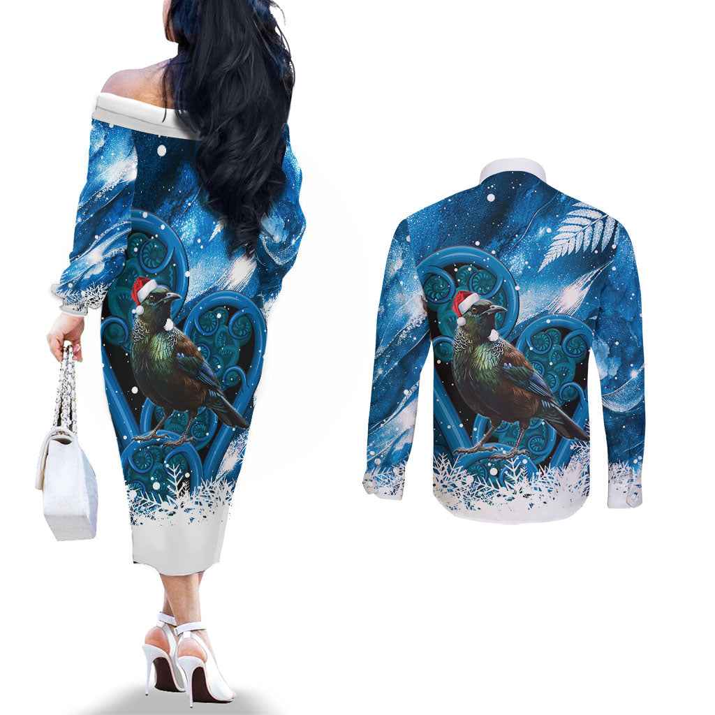 Tui Bird New Zealand Christmas In July Couples Matching Off The Shoulder Long Sleeve Dress and Long Sleeve Button Shirt NZ Aroha Koru Fern Marble Vibes LT14 - Polynesian Pride