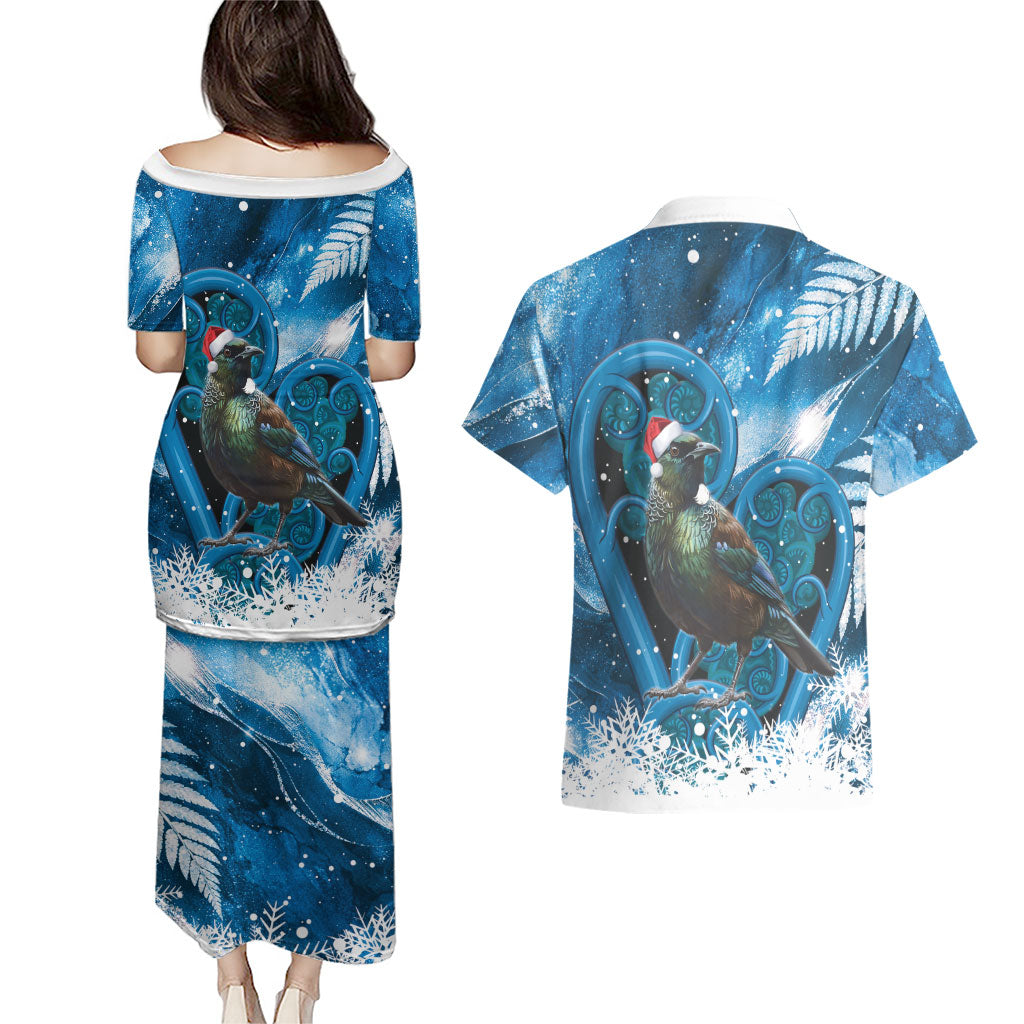 Tui Bird New Zealand Christmas In July Couples Matching Puletasi and Hawaiian Shirt NZ Aroha Koru Fern Marble Vibes LT14 - Polynesian Pride