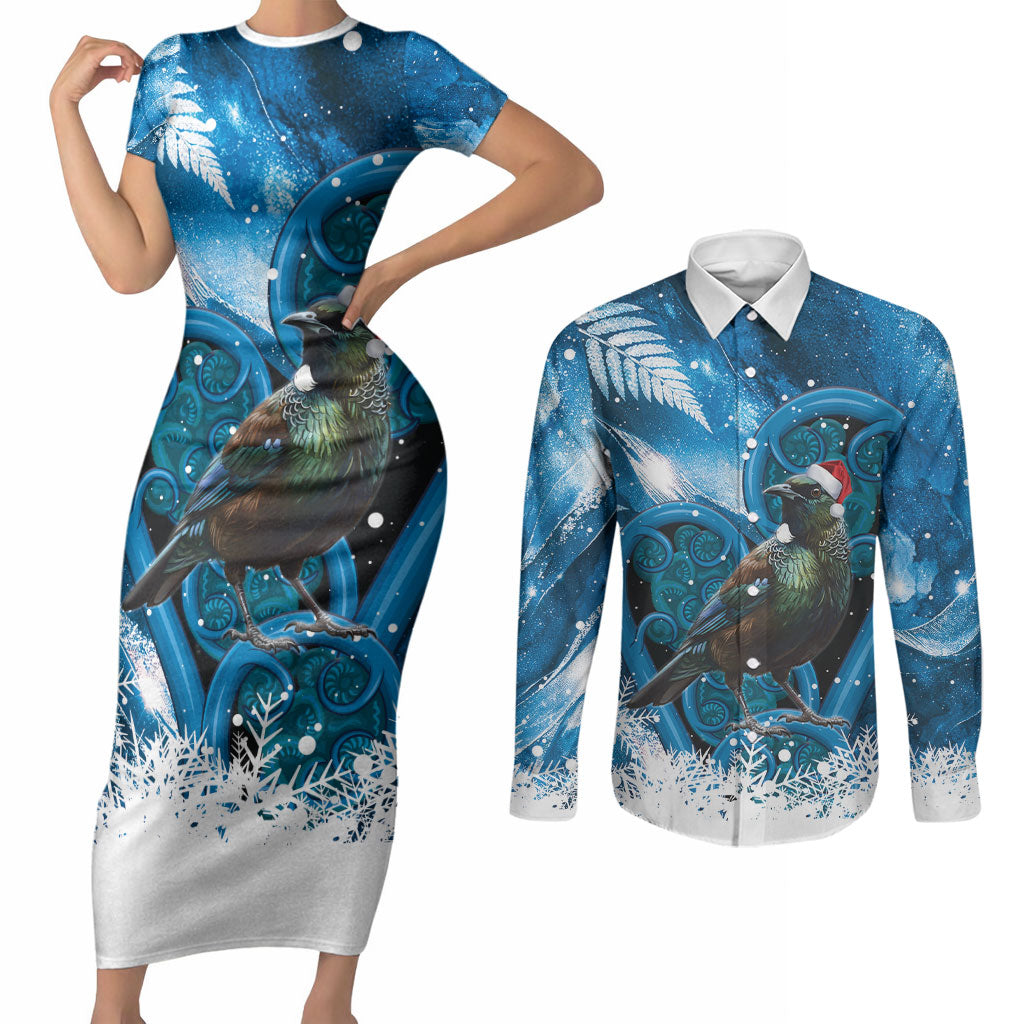 Tui Bird New Zealand Christmas In July Couples Matching Short Sleeve Bodycon Dress and Long Sleeve Button Shirt NZ Aroha Koru Fern Marble Vibes LT14 Blue - Polynesian Pride