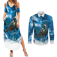 Tui Bird New Zealand Christmas In July Couples Matching Summer Maxi Dress and Long Sleeve Button Shirt NZ Aroha Koru Fern Marble Vibes LT14 Blue - Polynesian Pride