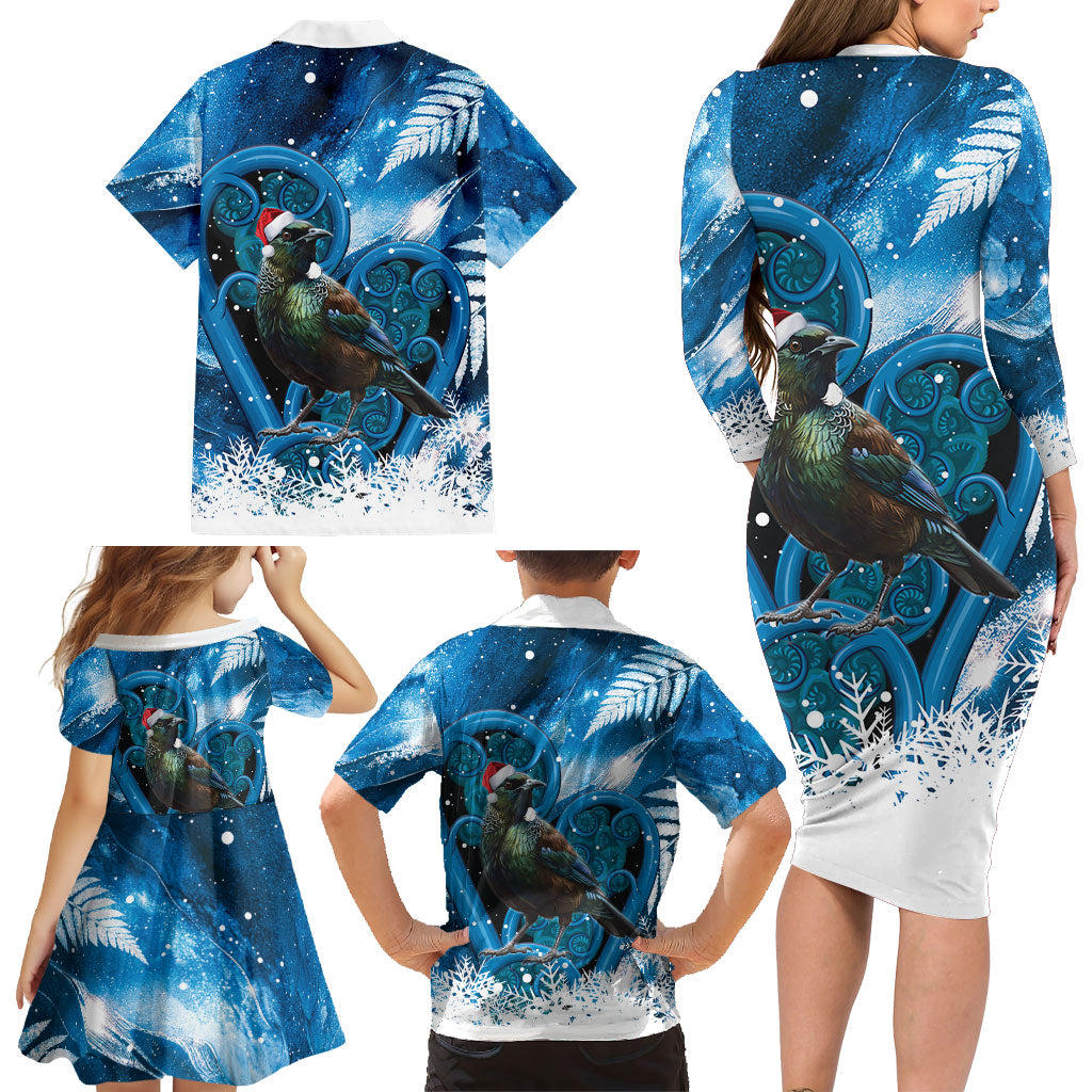 Tui Bird New Zealand Christmas In July Family Matching Long Sleeve Bodycon Dress and Hawaiian Shirt NZ Aroha Koru Fern Marble Vibes LT14 - Polynesian Pride