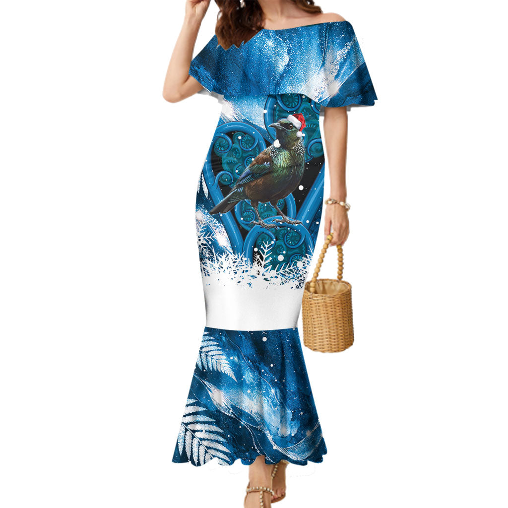 Tui Bird New Zealand Christmas In July Family Matching Mermaid Dress and Hawaiian Shirt NZ Aroha Koru Fern Marble Vibes LT14 Mom's Dress Blue - Polynesian Pride