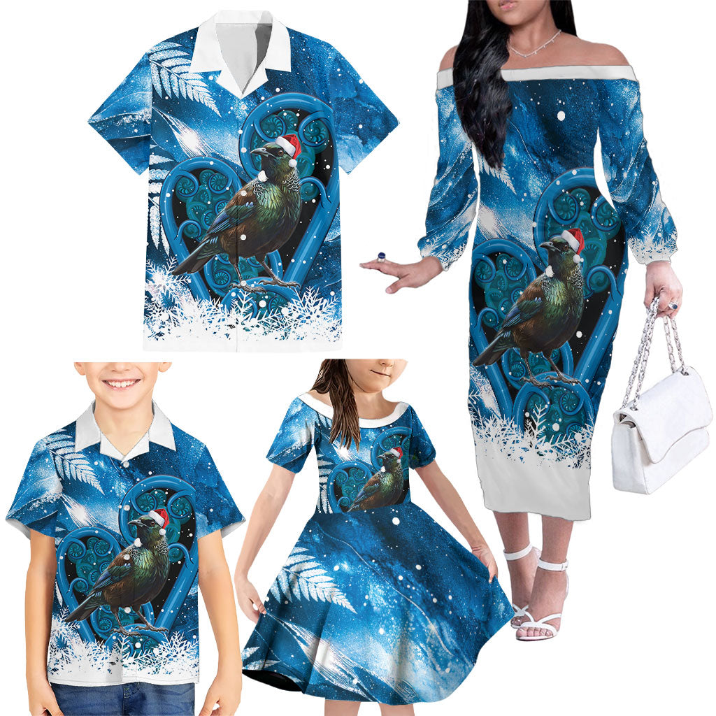 Tui Bird New Zealand Christmas In July Family Matching Off The Shoulder Long Sleeve Dress and Hawaiian Shirt NZ Aroha Koru Fern Marble Vibes LT14 - Polynesian Pride