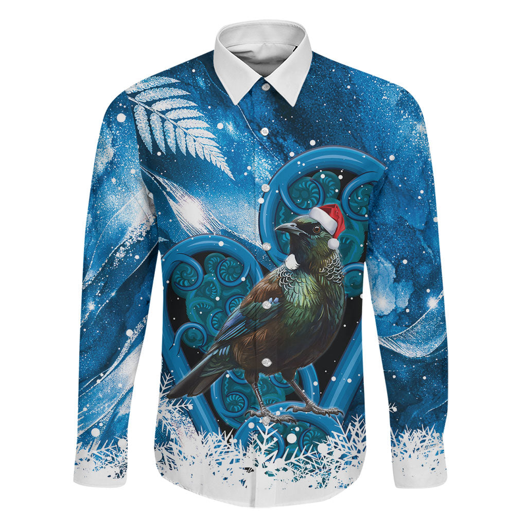 Tui Bird New Zealand Christmas In July Family Matching Off The Shoulder Long Sleeve Dress and Hawaiian Shirt NZ Aroha Koru Fern Marble Vibes LT14 Dad's Shirt - Long Sleeve Blue - Polynesian Pride