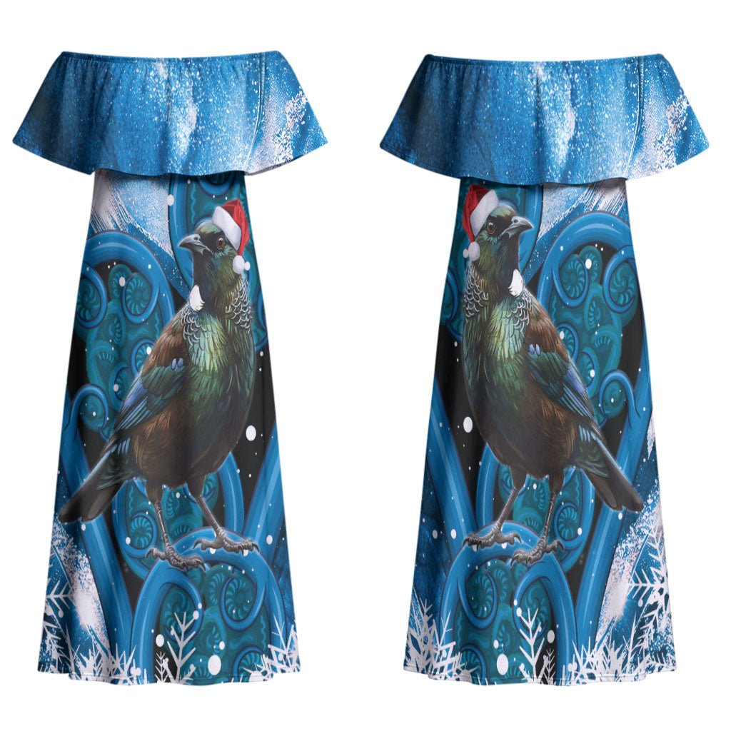 Tui Bird New Zealand Christmas In July Family Matching Off Shoulder Maxi Dress and Hawaiian Shirt NZ Aroha Koru Fern Marble Vibes LT14 Mom's Dress Blue - Polynesian Pride