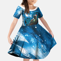 Tui Bird New Zealand Christmas In July Family Matching Off Shoulder Short Dress and Hawaiian Shirt NZ Aroha Koru Fern Marble Vibes LT14 Daughter's Dress Blue - Polynesian Pride