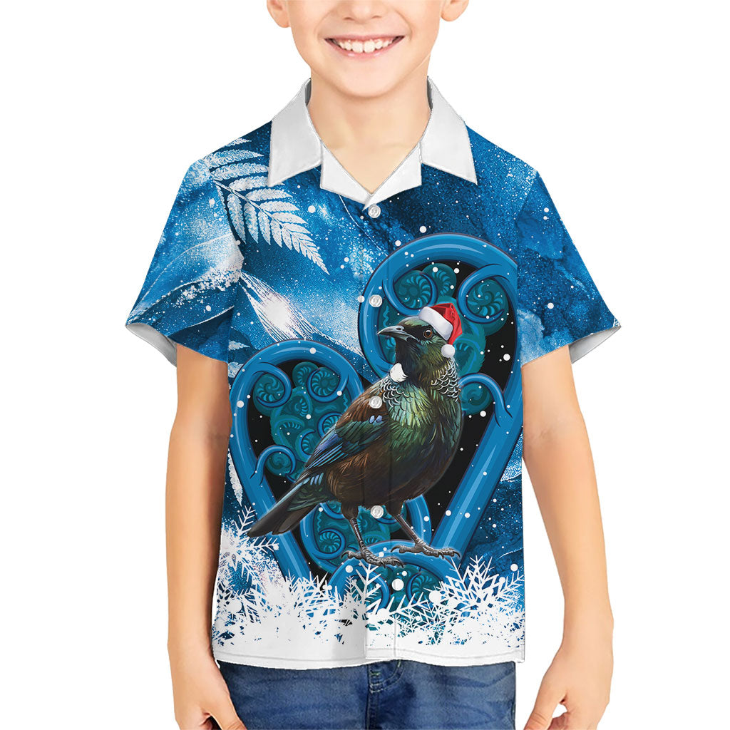 Tui Bird New Zealand Christmas In July Family Matching Off Shoulder Short Dress and Hawaiian Shirt NZ Aroha Koru Fern Marble Vibes LT14 Son's Shirt Blue - Polynesian Pride