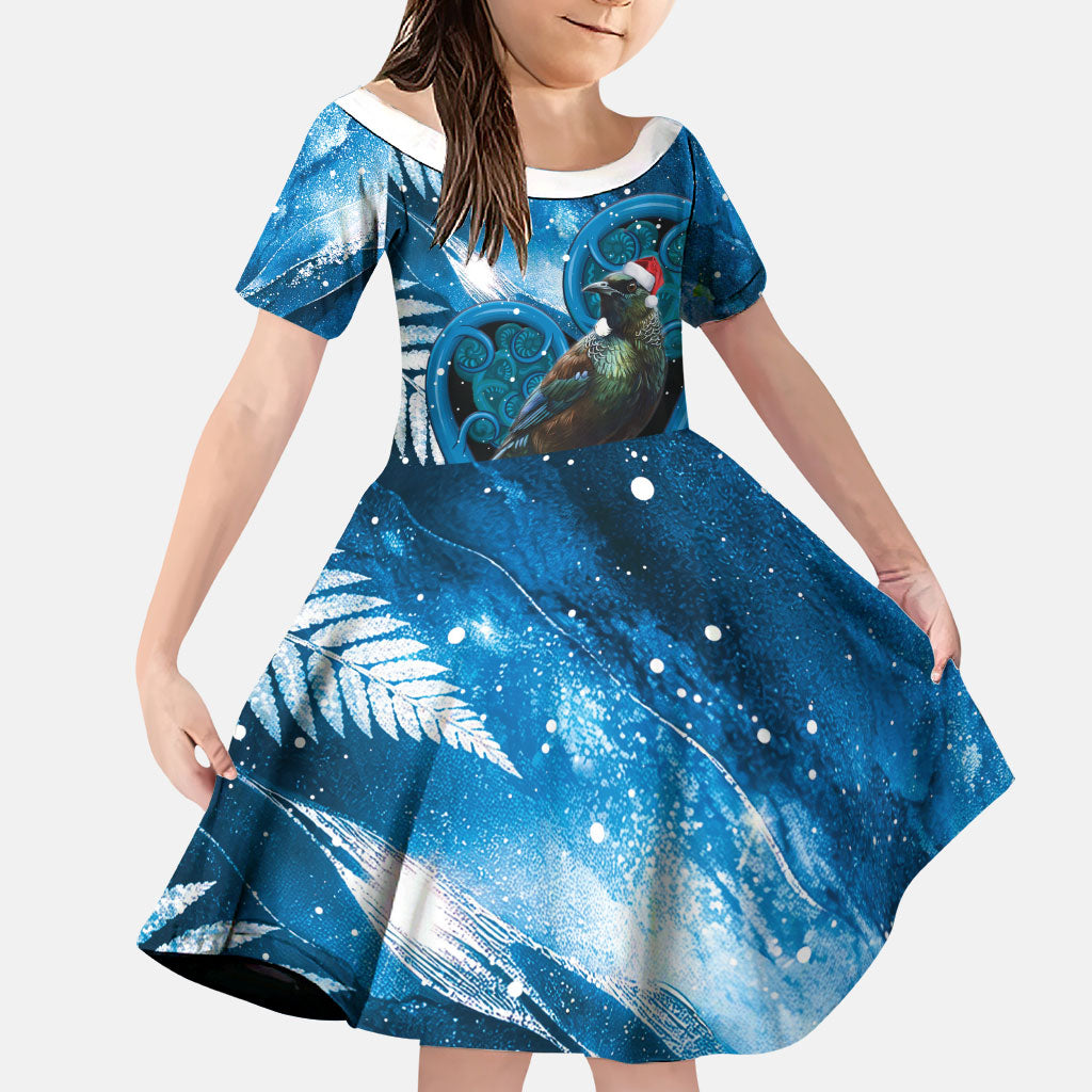 Tui Bird New Zealand Christmas In July Family Matching Puletasi and Hawaiian Shirt NZ Aroha Koru Fern Marble Vibes LT14 Daughter's Dress Blue - Polynesian Pride