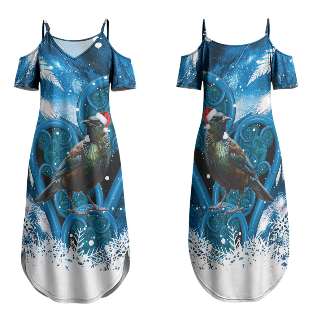 Tui Bird New Zealand Christmas In July Family Matching Summer Maxi Dress and Hawaiian Shirt NZ Aroha Koru Fern Marble Vibes LT14 Mom's Dress Blue - Polynesian Pride