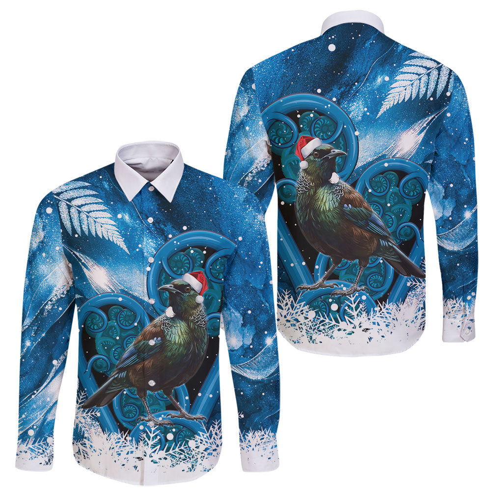 Tui Bird New Zealand Christmas In July Family Matching Summer Maxi Dress and Hawaiian Shirt NZ Aroha Koru Fern Marble Vibes LT14 Dad's Shirt - Long Sleeve Blue - Polynesian Pride