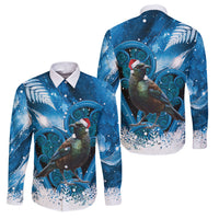Tui Bird New Zealand Christmas In July Family Matching Summer Maxi Dress and Hawaiian Shirt NZ Aroha Koru Fern Marble Vibes LT14 Dad's Shirt - Long Sleeve Blue - Polynesian Pride