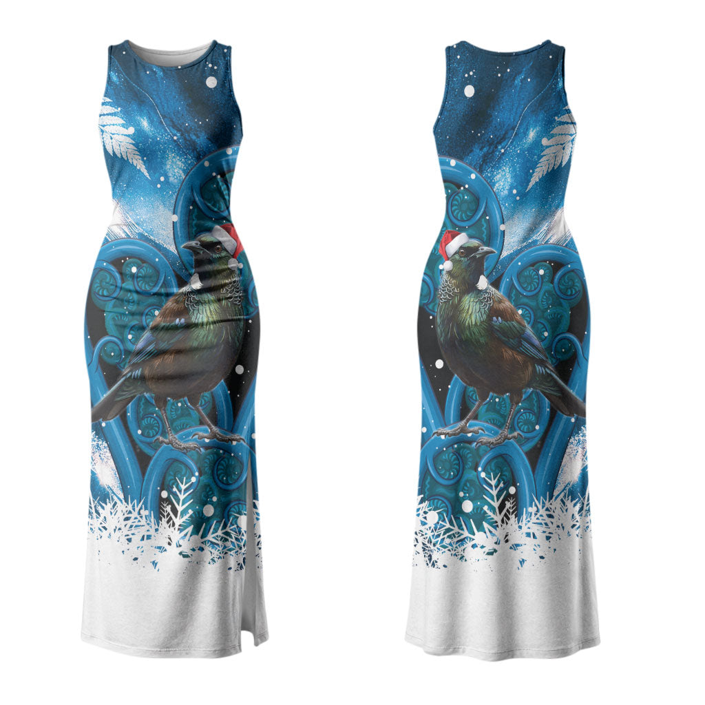 Tui Bird New Zealand Christmas In July Family Matching Tank Maxi Dress and Hawaiian Shirt NZ Aroha Koru Fern Marble Vibes LT14 Mom's Dress Blue - Polynesian Pride